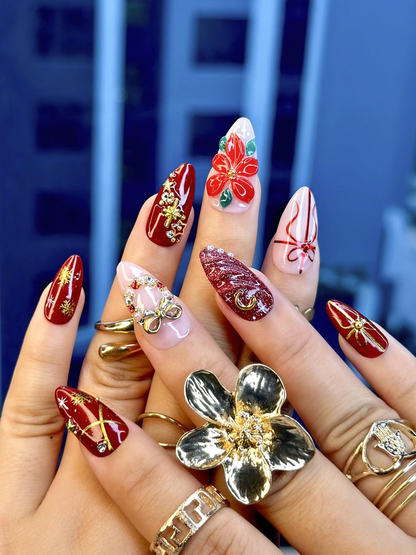Floral Christmas Press On Nails | Red Gift Bow Nails | Luxury Winter Nail Art | Red Gold Holiday Nail Set | JB213EK