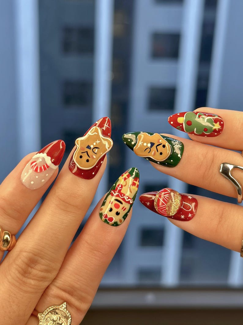 Press On Nails For Christmas | Santa & Friends Christmas Nails | Festive Holiday Press Ons | Cute Xmas Nails | Winter Nails |JB212EK