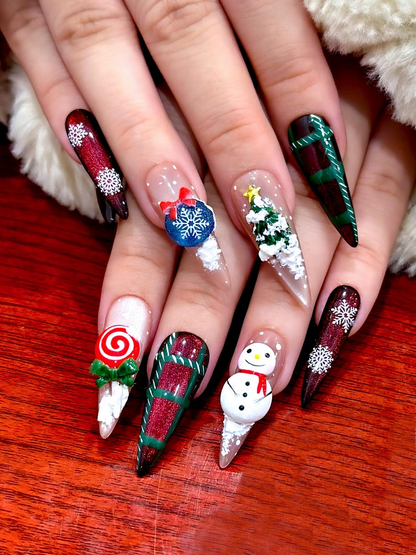 Winter Wonderland  Press On Nails For Christmas | Festive Holiday Nail Art | Red Glitter Snowflake Nails | Green Plaid Gift Wrap Design | JB232EC