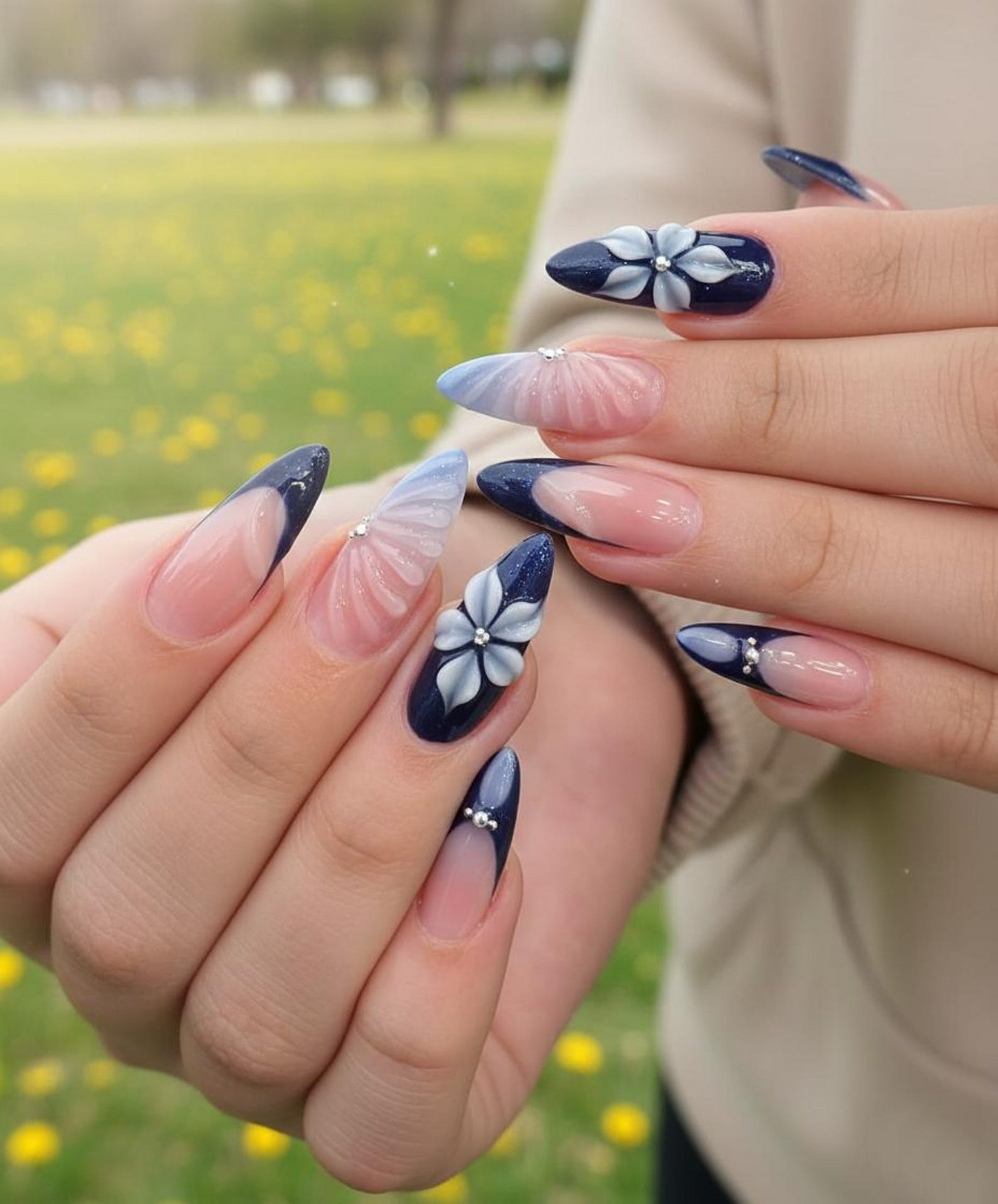 Midnight Blossom Spring Press On Nails | Navy Floral Ombré Nail Art | Luxury Floral Blue Nails Set | Elegant Blush Ombre Nails | HC1240EC