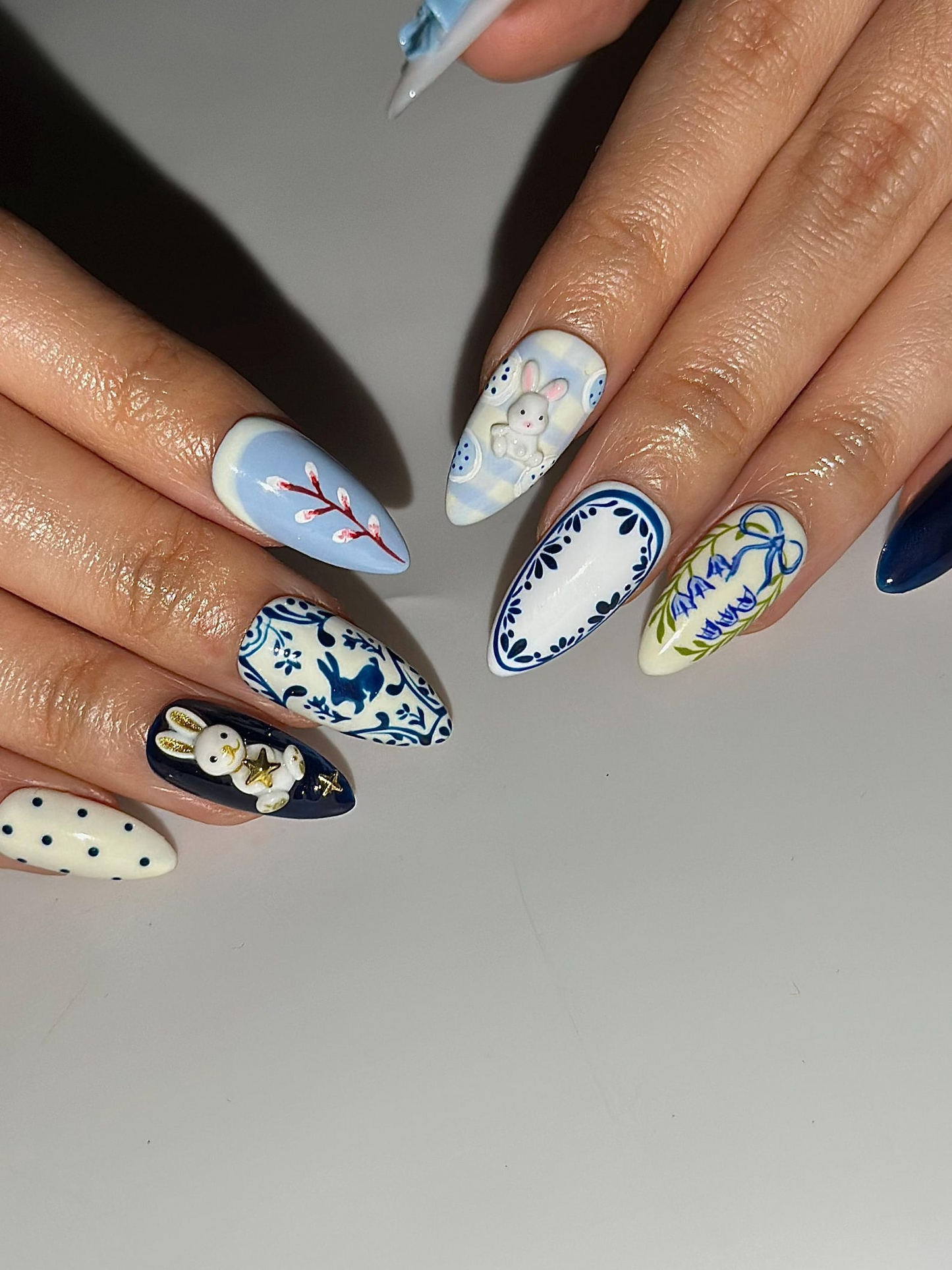 Easter Bunny Blue Press On Nails | 3D Rabbit Nail Art | Delft Blue Floral Nails | Cute Spring Easter Nail Set| Handmade Press Ons | HB1300HC