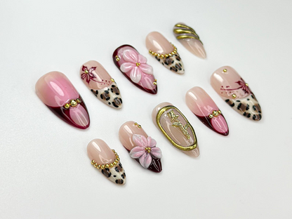 Pink Leopard Glam Press On Nails | 3D Floral & Cheetah Print Nails | Burgundy Gold Accent Nail Set | Handmade Art Press Ons | JC102HC