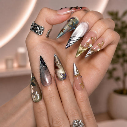 Fairycore Stiletto Press On Nails • Wedding Guest Prom Vibe • 3D Gold Chrome Vine • Butterfly Wing Cat Eye • Whimsigoth Art • OB1363DG