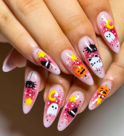 Spooky Kawaii Halloween Press On Nails | Pink Ghost & Pumpkin Nail Art | Cat and Witch Hat Cute Nails | Handmade 3D Halloween Nails |JB179EK