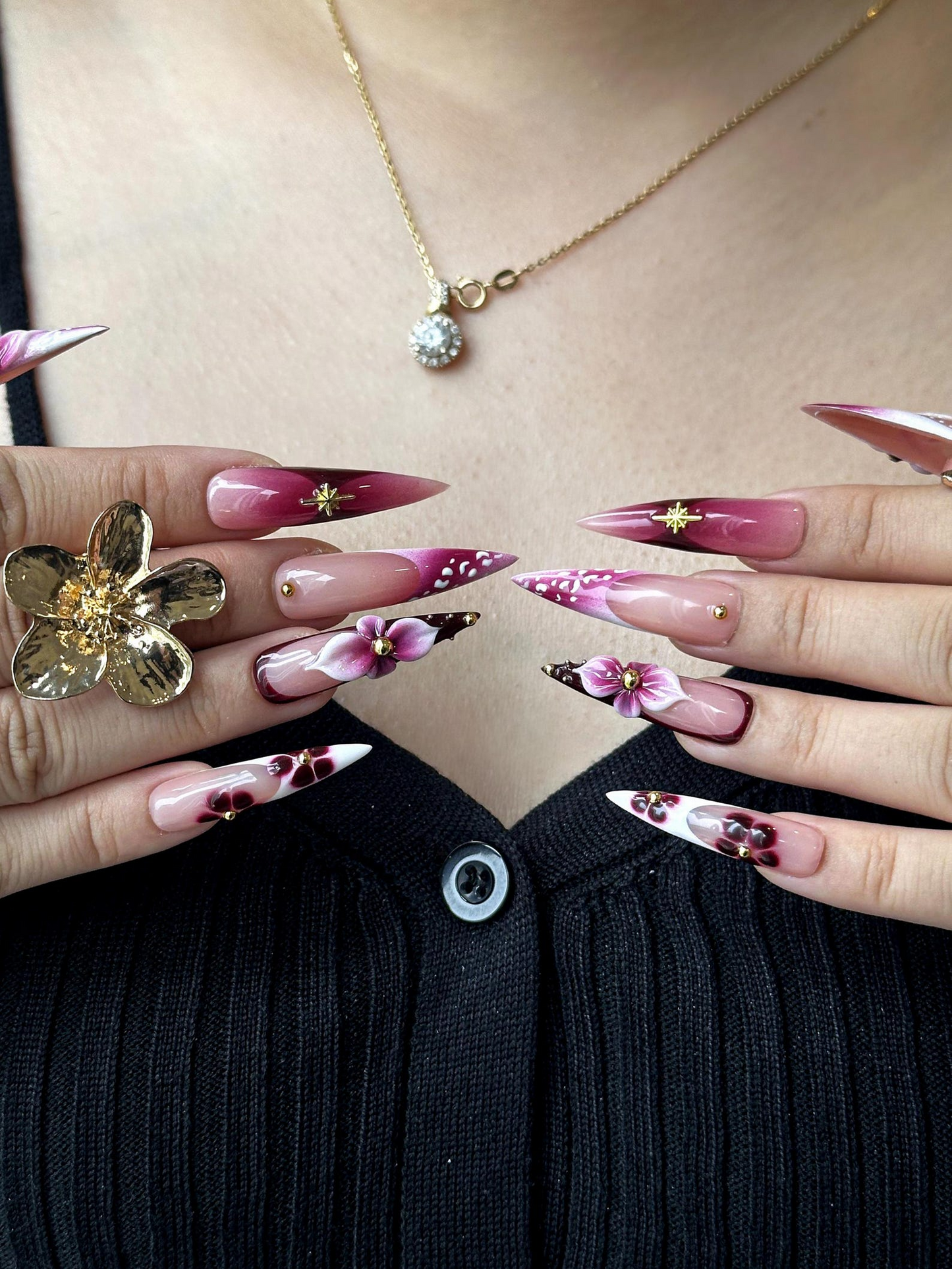 Elegant Floral Press On Nails | 3D Floral Ombre Nails | Burgundy & Pink Gradient Nail Art | Luxury Handmade Press Ons | DC881HC