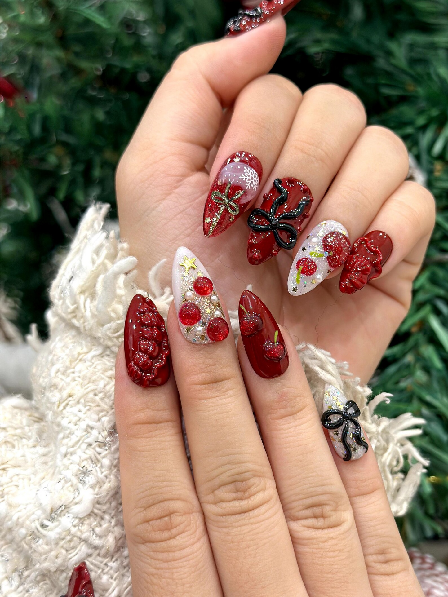 Glossy Cherry Bow Christmas Press On Nails | Red Jelly 3D Ribbon Nails | White Sparkle Holiday Set | Luxury Festive Press Ons | DC929EC