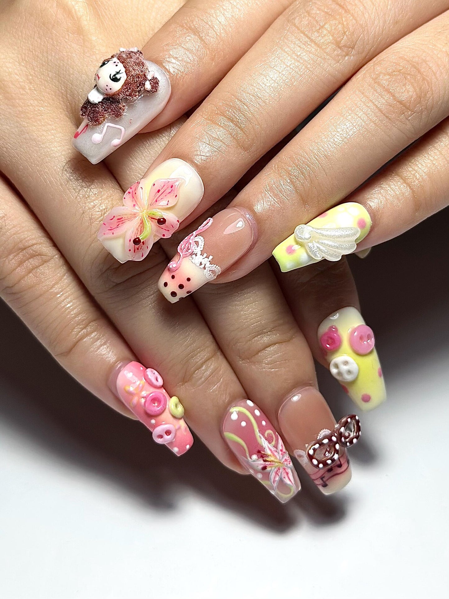 Kawaii Pastel 3D Cartoon Press On Nails | Cute Flower Nail Set | Pink Yellow Sweet Nails | Handmade Nails | Unique Character Nails| HB1306IC