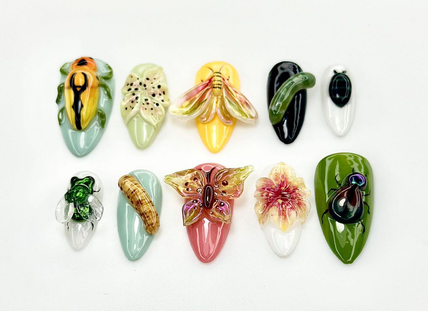 Insect Garden Fantasy Press On Nails | 3D Bug & Butterfly Nail Art | Botanical Nature Nails | Handpainted Cicada Bee Beetle Design | JB922EK