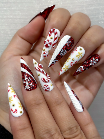 Red Glitter Christmas Press On Nails | Nails | Candy Cane Christmas Nail Art | Holiday Stiletto Nail Art | Luxury Festive Press Ons|HB1210EC