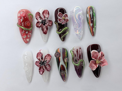 Luxury Floral Press-On Nails | Elegant 3D Blossom Nail Set | Unique Hand-Painted Press-On Nails with Floral Designs | Vibrant Nails |JB336AL