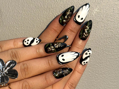 Midnight Ghost Garden Press On Nails | 3D White Ghost Nail Art | Black & Gold Floral Halloween Set | Handmade Spooky Long Nails | HB1081EK