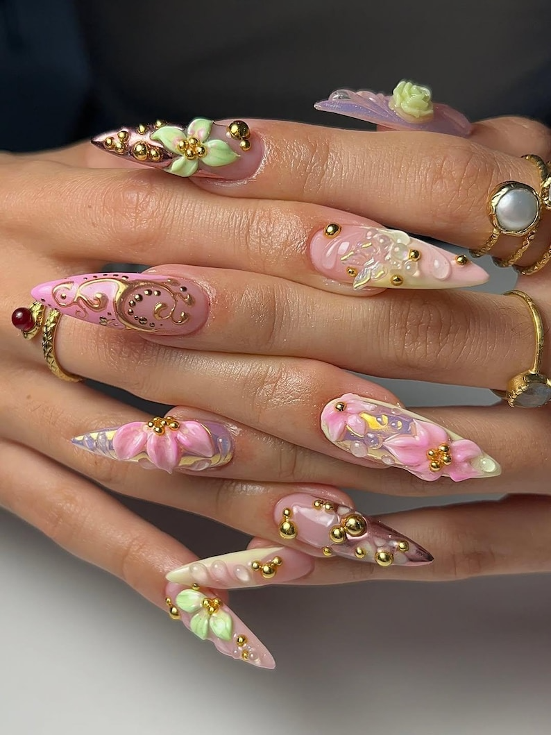 Enchanted Garden Fantasy Press On Nails | 3D Floral Nail Art | Iridescent Pink Luxury Nails | Handmade Long Sculpted Nails | JB190EC