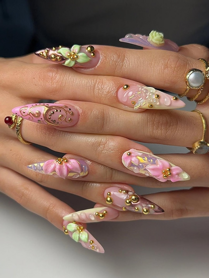 Enchanted Garden Fantasy Press On Nails | 3D Floral Nail Art | Iridescent Pink Luxury Nails | Handmade Long Sculpted Nails | JB190EC