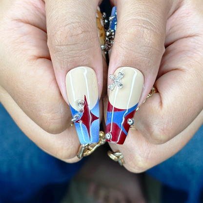Western Cowboy Press On Nails | Red Star & Blue Denim Nail Art | Cow Print Patchwork Fake Nails | Rodeo Festival Press Ons | HC342YP