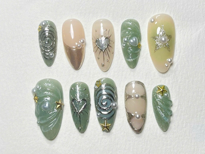 Luxury Press On Nails with Stars and Pearls | Chic and Shimmering | Custom Faux Nail Set | Perfect for Special Occasions |JC185S