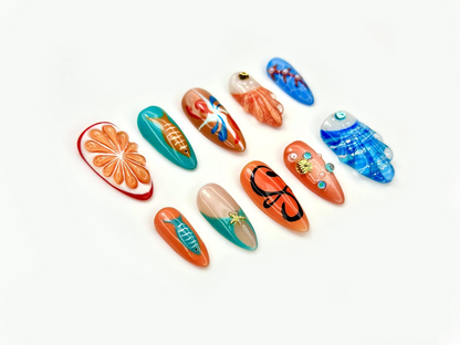 Ocean Breeze Summer Press On Nails | 3D Seashell & Starfish Accents | Citrus Orange Slice Art | Underwater Marine Theme | HB1041E
