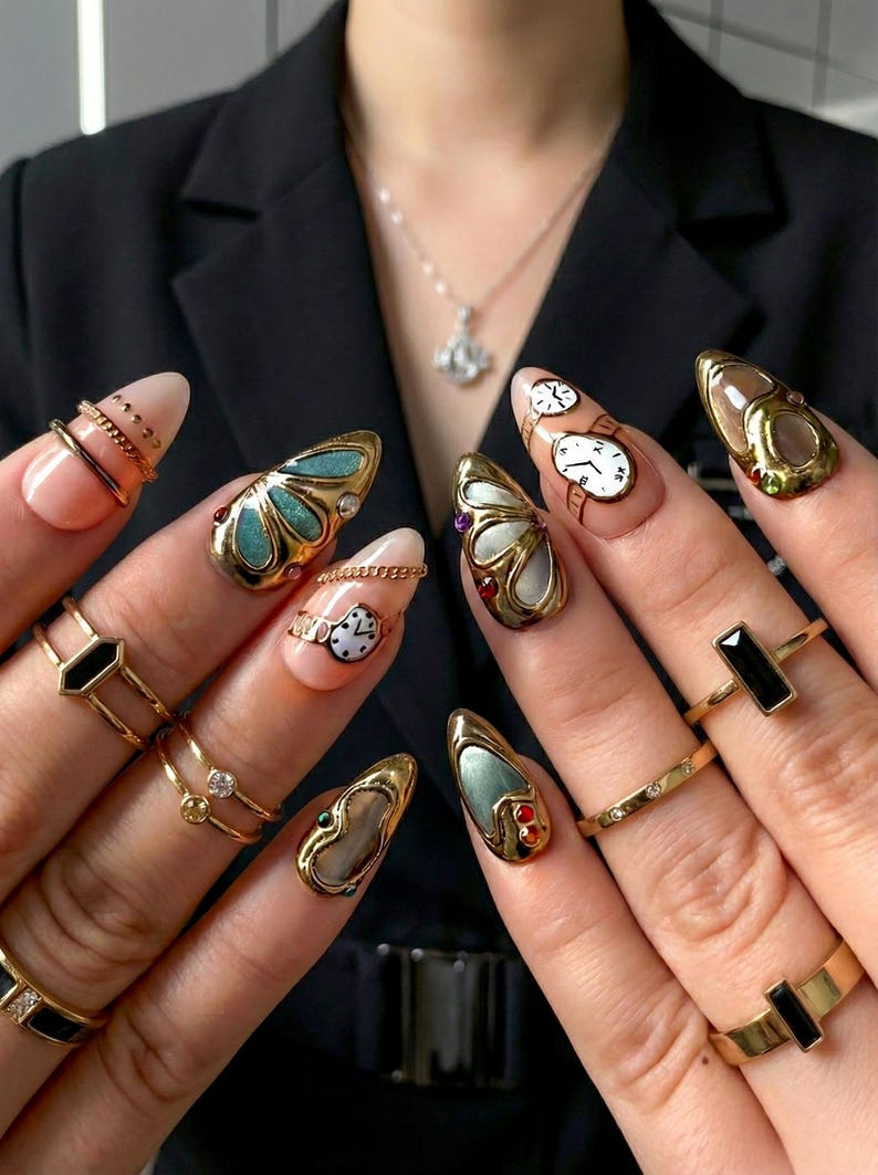 Opulent Gold Luxury Press On Nails | Vintage Watch Gothic Nail Art | Gold Frame Clock Inspired Nail Set | HC1239EC