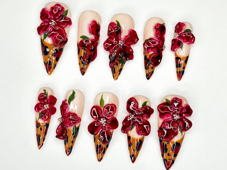 Tropical Orchid Fall Press On Nails | Handmade Floral Nail Art | Elegant Floral Press Ons |Elegant Orchid Nail| Leopard Print Nails| JB179HC
