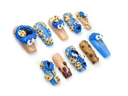 Cookie Monster Press On Nails | 3D Cookie & Monster Nail Art | Funny Blue Cartoon Nail Set | Handmade Pop Culture Nails | HB1048EC