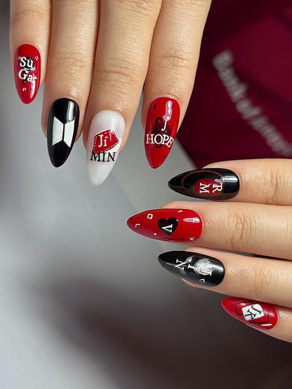 Red Black Kpop Press On Nails | Kpop Inspired Nail Art | Concert Aesthetic Almond Nails | Edgy Graphic Press Ons | Kpop Fan Nails | OB384HC