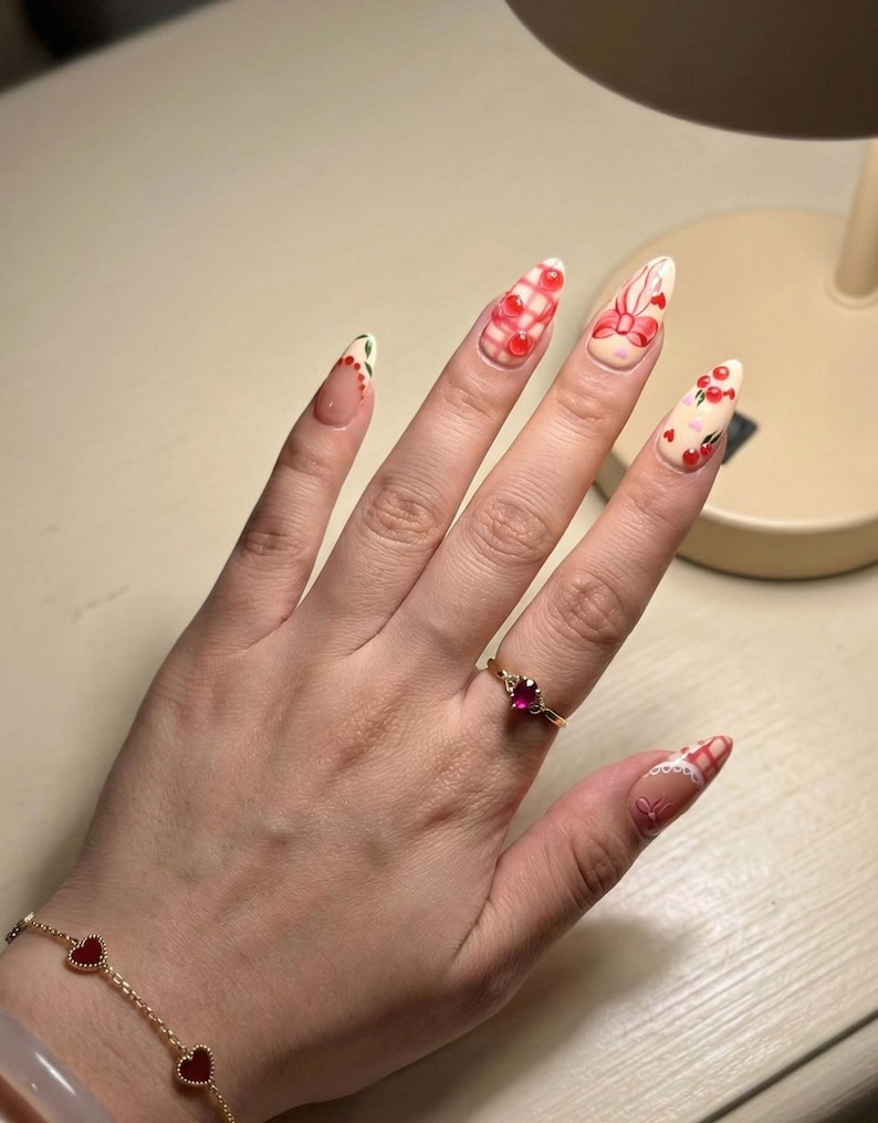 Press On Nails Adhesive Tabs – Cherry Heart & Pink Ribbon Nude Press On Nails, Handmade Valentine Fake Nails Sweet Romantic Nail Art