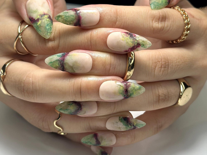 Mystic Jade Marble Press On Nails | Natural Stone-Inspired Nail Art | Elegant Green & Burgundy Veins | Unique Gemstone Press Ons | HB1059EC