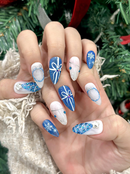 Frosty Blue Winter Gift Press On Nails For Christmas | Snowflake Glitter Christmas Nails | Blue White Holiday Set | 3D Icy Tree Accent | DC930EC
