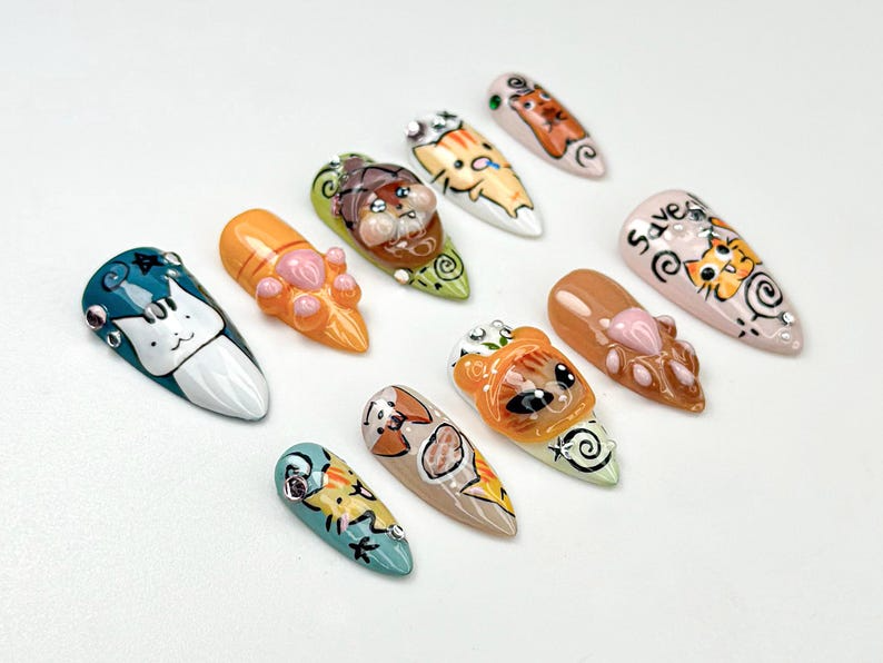 Whimsical Cartoon Kitty Press On Nails | 3D Cat Paw & Animal Faces | Cute Cartoon Pet Press Ons | Handmade Kawaii Nail Set | JB953H