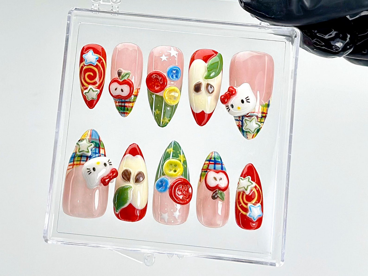 Hello Kitty Apple Press On Nails | Kawaii Cartoon Fake Nails | Fun 3D Fruit Nail Art | Playful Japanese Nails | Kawaii Nails | HB904YK