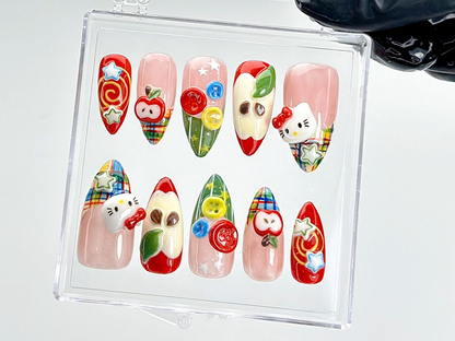 Hello Kitty Apple Press On Nails | Kawaii Cartoon Fake Nails | Fun 3D Fruit Nail Art | Playful Japanese Nails | Kawaii Nails | HB904YK