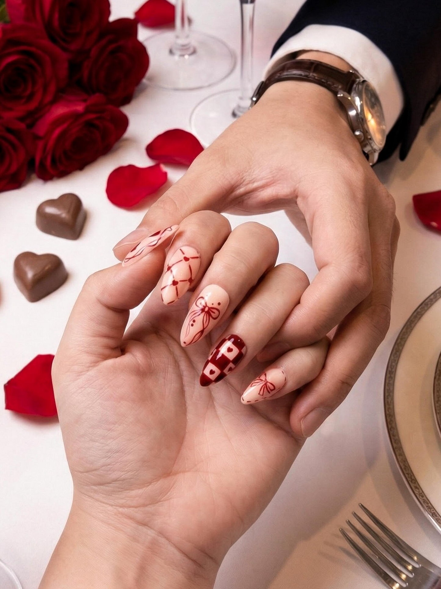 Sweetheart Bow Valentine Press On Nails | Heart Ribbon Romantic Nail Art | Red Gingham Love Nails | Cute Romantic Nail Set | JB274EC