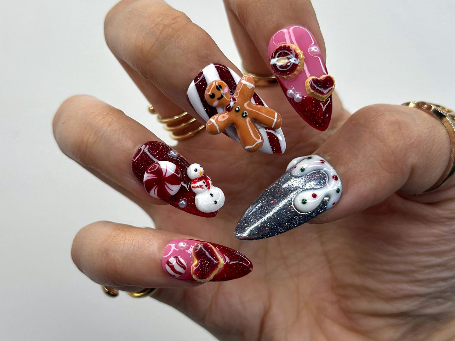 Gingerbread Red Christmas Press On Nails | 3D Christmas Cookie Nail | Peppermint & Snowman Holiday Nails| Red Glitter Festive Nails |JB216HC