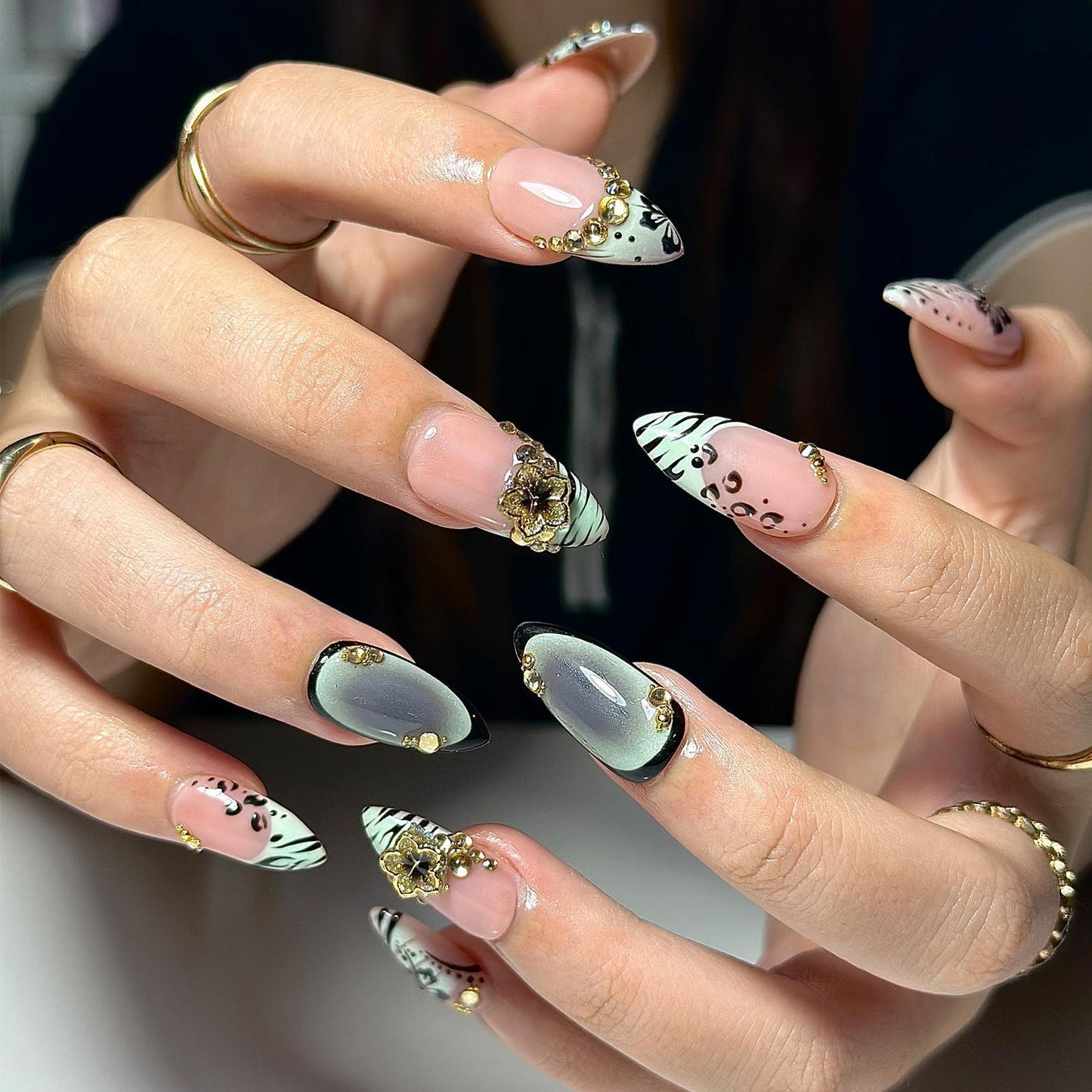 Nude Pink Press On Nails with Black Floral and Gold Charm | 3D Elegant Nails in Almond Shape | Handmade Nails for Party, Wedding | JC333NC