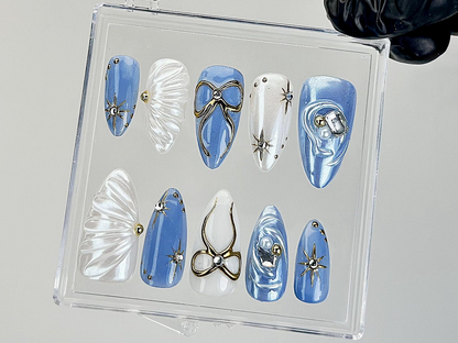 Blue Pearl Star Press On Nails | 3D Bow & Star Design Fake Nails | 3D Bow Star Nail Art | Handmade Artistic Press Ons |Luxury Nails |HC875YK