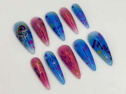 League of Legends Jinx Stiletto Nails | Pink & Blue Graffiti Stiletto Nails | Custom Pop Art Ombre Nails | Jinx Graffiti Nail Art | JB595HC