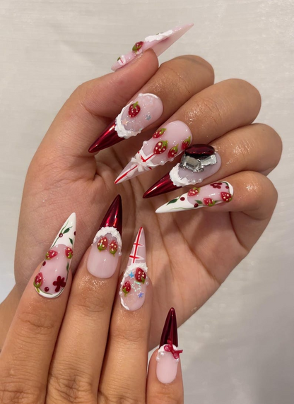Strawberry  Press On Nails For Christmas  | 3D Strawberry & Whipped Cream Nail Art | Cute Festive Press Ons| Sweet Winter Nail Design| JC226HC