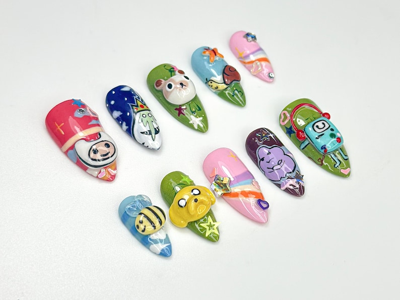 Adventure Time Cute Press On Nails | 3D Cartoon Characters & Bee Accents | Handmade Pop Culture Nail Art | Cute Animation Nail Set | JB116HC
