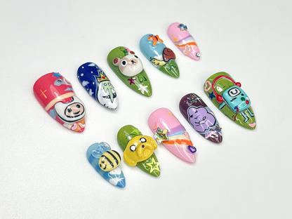 Adventure Time Cute Press On Nails | 3D Cartoon Characters & Bee Accents | Handmade Pop Culture Nail Art | Cute Animation Nail Set | JB116HC