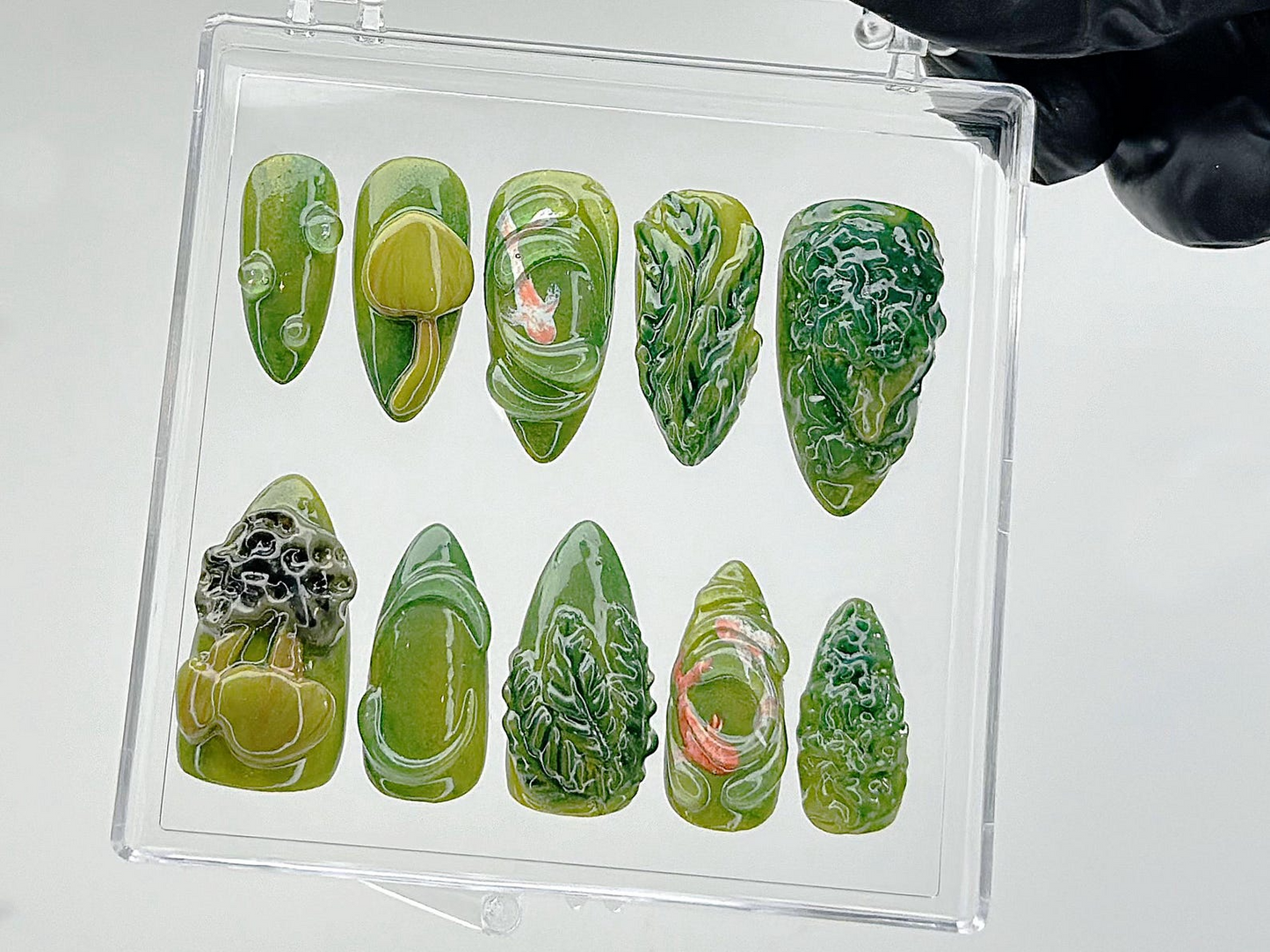Enchanted Forest Press On Nails | Moss Green Leaf Fake Nails | Botanical Nature Nail Art | Fantasy Forest Press Ons | Forest Nails | HB882YC