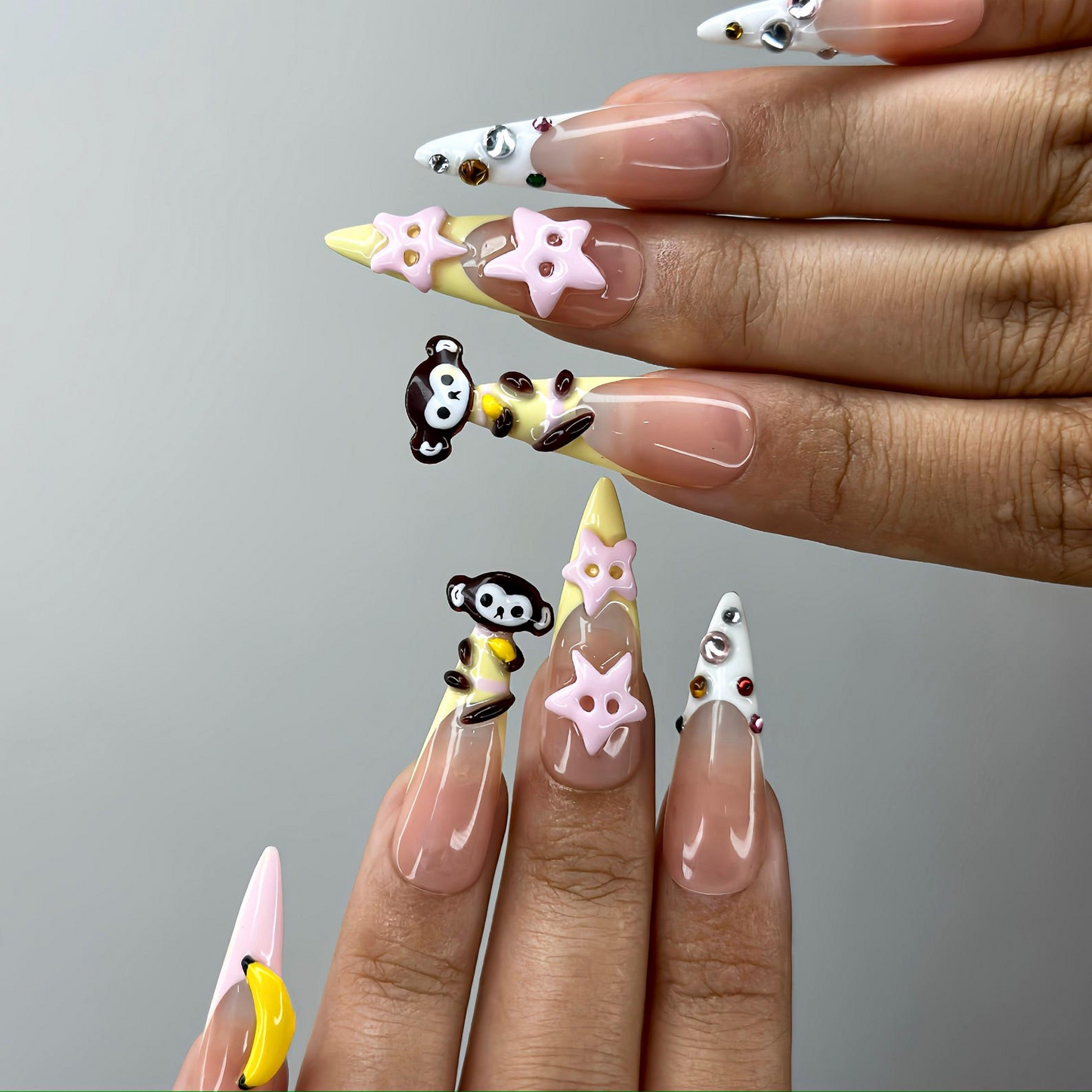 3D Monkey Banana Press On Nails | Cute Pink Star & Fruit Fake Nails | Kawaii Handmade Nail Art | Playful Cute Nails | Cartoon Nails |HB255YC