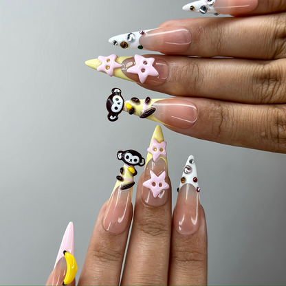 3D Monkey Banana Press On Nails | Cute Pink Star & Fruit Fake Nails | Kawaii Handmade Nail Art | Playful Cute Nails | Cartoon Nails |HB255YC