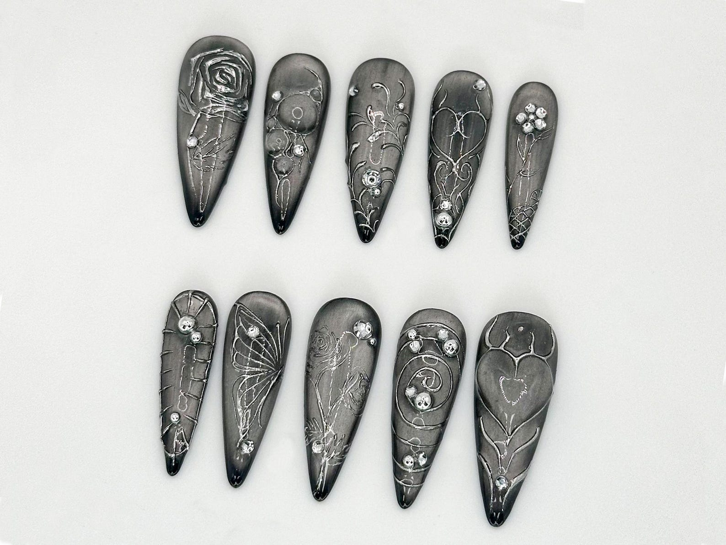 Elegant Silver Gothic Press-On Nails | Intricate Butterfly and Rose Silver Nails | Luxury Silver Gothic | Butterfly & Rose Design | JC630LC
