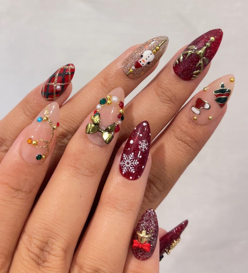 Luxe Christmas Press On Nails | Red Green Gold Christmas Nails | 3D Bow & Bell Nail Art | Festive Winter Press Ons | Christmas Set| HB1208H