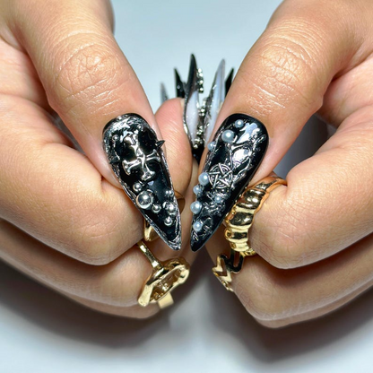 Black Gothic Press On Nails | Dark Alternative Nail Art | 3D Cross Nail Art with Pearls | Punk Fake Nails | Punk Rock Press Ons | HC194YP