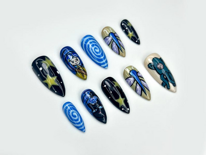 Starry Night Fantasy Press On Nails | Whimsical Blue Nail Art | Twinkling Star Nails | Cosmic Dream Design | Handmade 3D Nails | HB1068EC