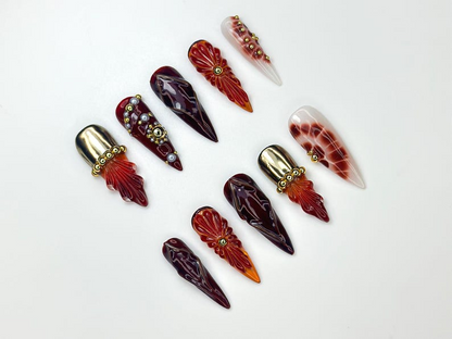 Luxury Red Gold Press On Nails | 3D Floral Stiletto Nails | Elegant Autumn Nail Art | Handmade Statement Nail Set | JC1119BK