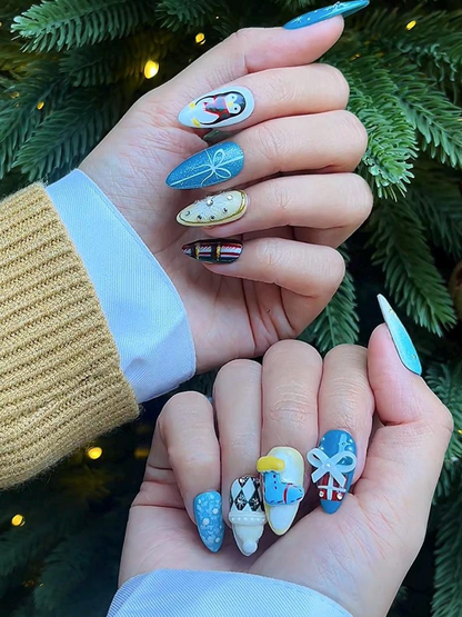 Snowy Penguin Christmas Press On Nails | Teal & Gold Nail Art | Cute Penguin Nails | Winter Snowflake Press Ons | Holiday Nails | JB223HG