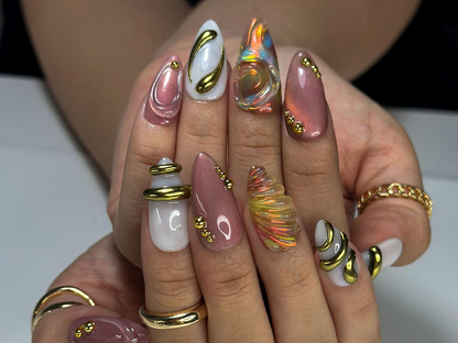 Aurora Gold Swirl Press On Nails | Holographic Iridescent Shell Nails | 3D Gold Chrome Accent Tips | Almond Shape Artistic Nails | HC1007EC