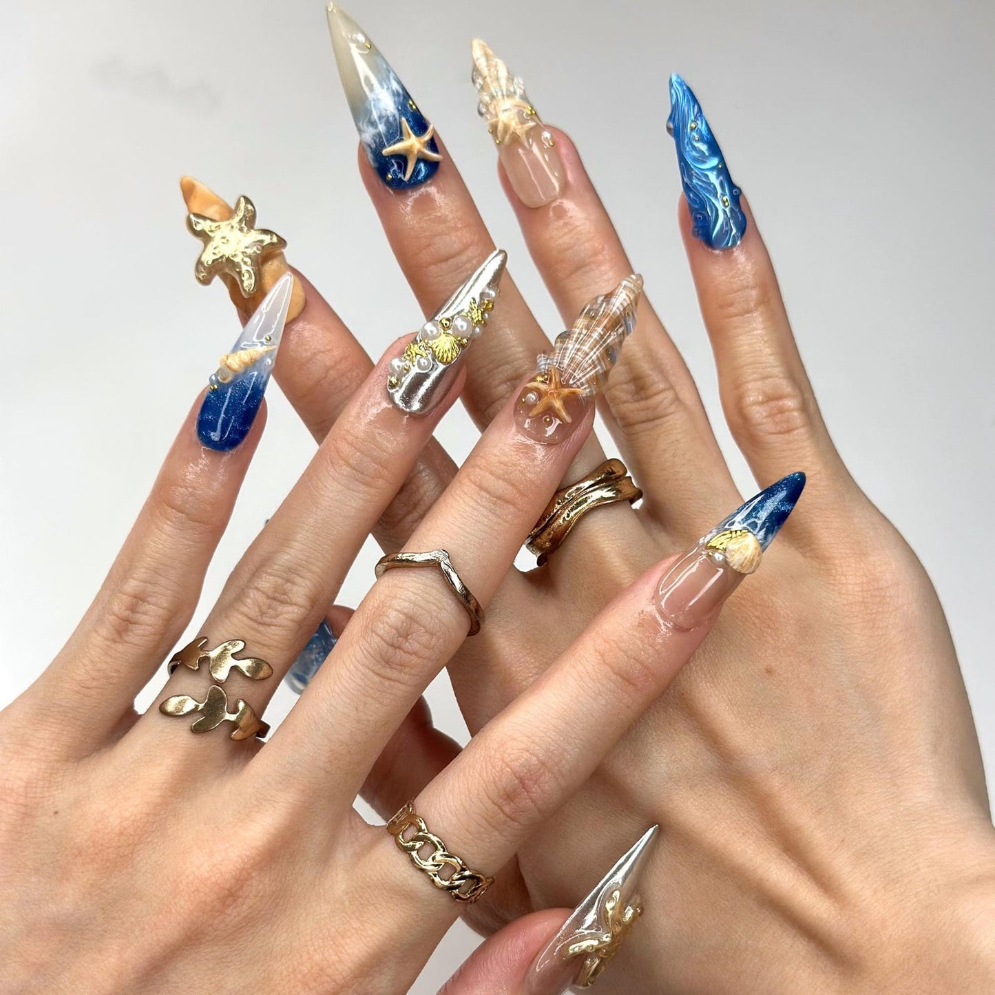 3D Starfish & Jellyfish Ocean Nails | Gold Silver Metallic Chrome | Blue Beach Wave Press On | Coquette Pearl Summer Art | OB1348D