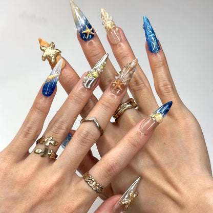 3D Starfish & Jellyfish Ocean Nails | Gold Silver Metallic Chrome | Blue Beach Wave Press On | Coquette Pearl Summer Art | OB1348D